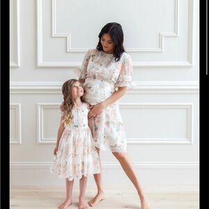 Rachel Parcell Floral Midi Dress in Pink and White and matching child dress.